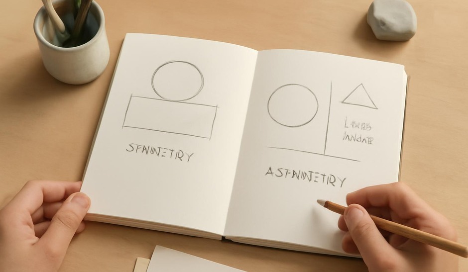 Sketches showing symmetrical and asymmetrical compositions with notes on visual weight