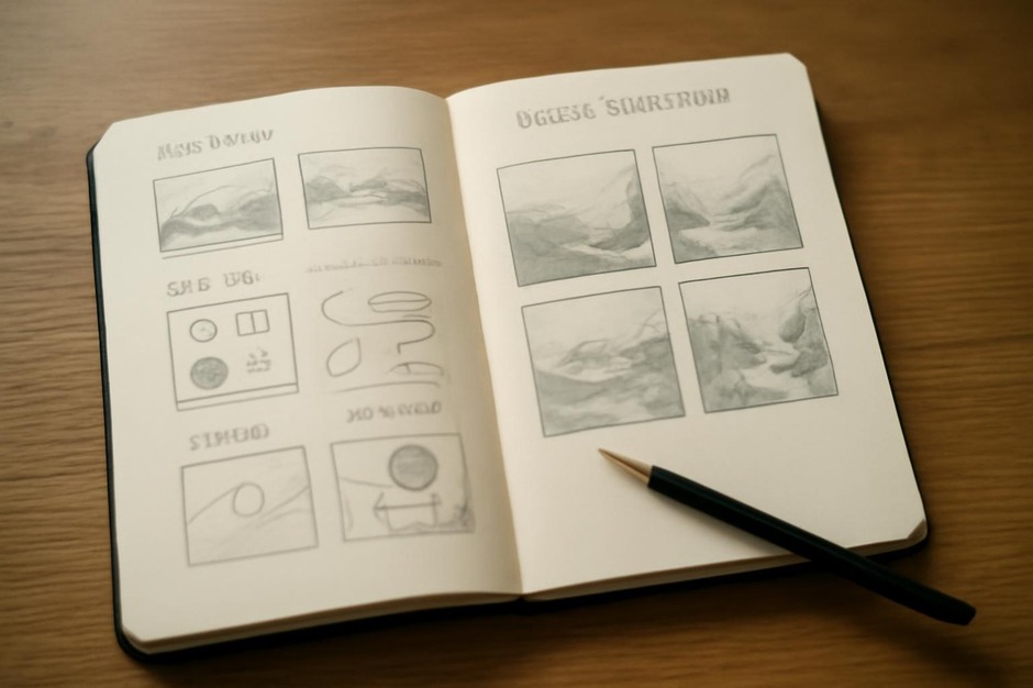An open sketchbook showing small study thumbnails and notes