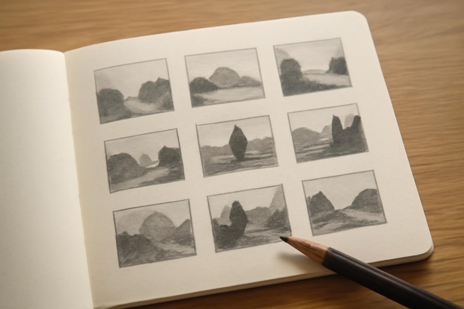 A page of quick thumbnail sketches focusing on shapes and values