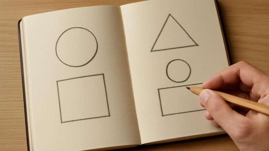 Sketches showing subjects reduced to circles, rectangles, and triangles