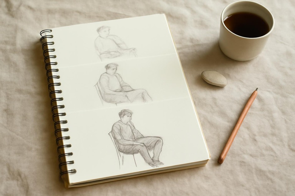 Sketchbook pages showing progressive layers from gesture to detailed study