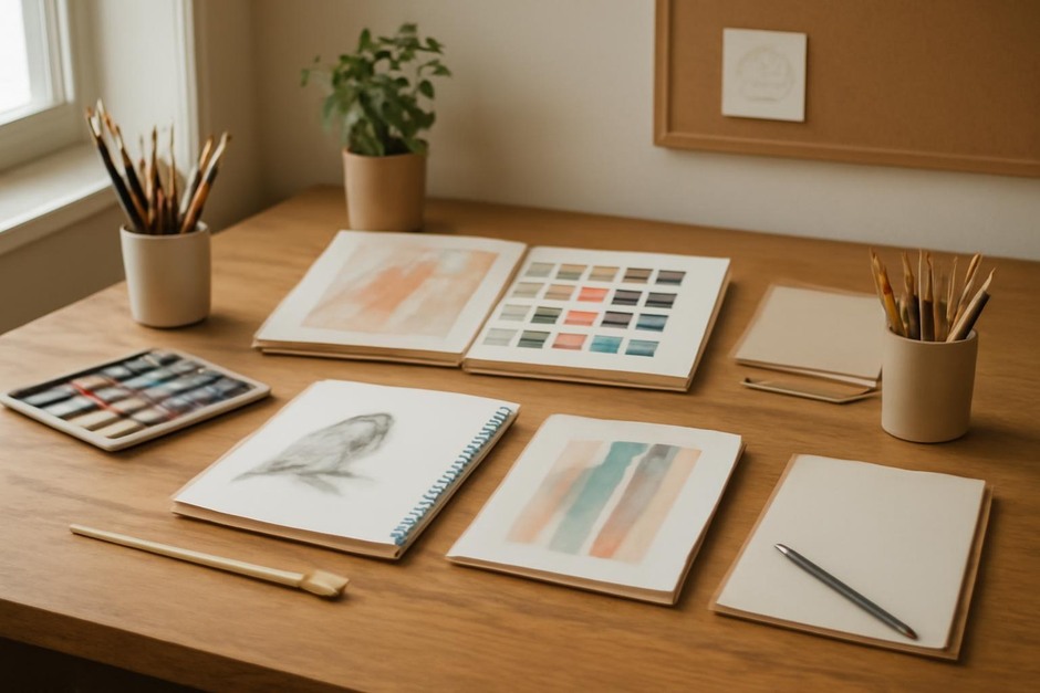 Abstract art desk with color swatches, brush marks, and sketchbook studies.