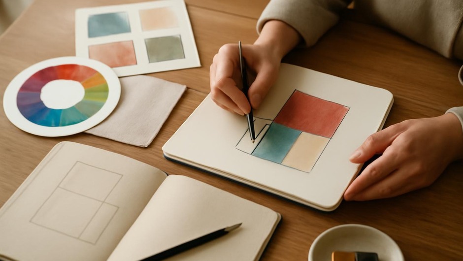 Bright studio image with paint textures, paper layers, and geometric color blocks.